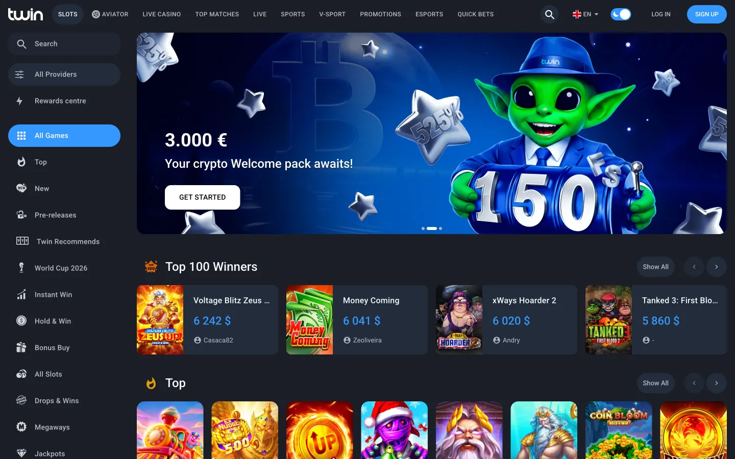 Το lobby κουλοχέρηδων του Twin Casino με κατηγορίες και δημοφιλείς τίτλους